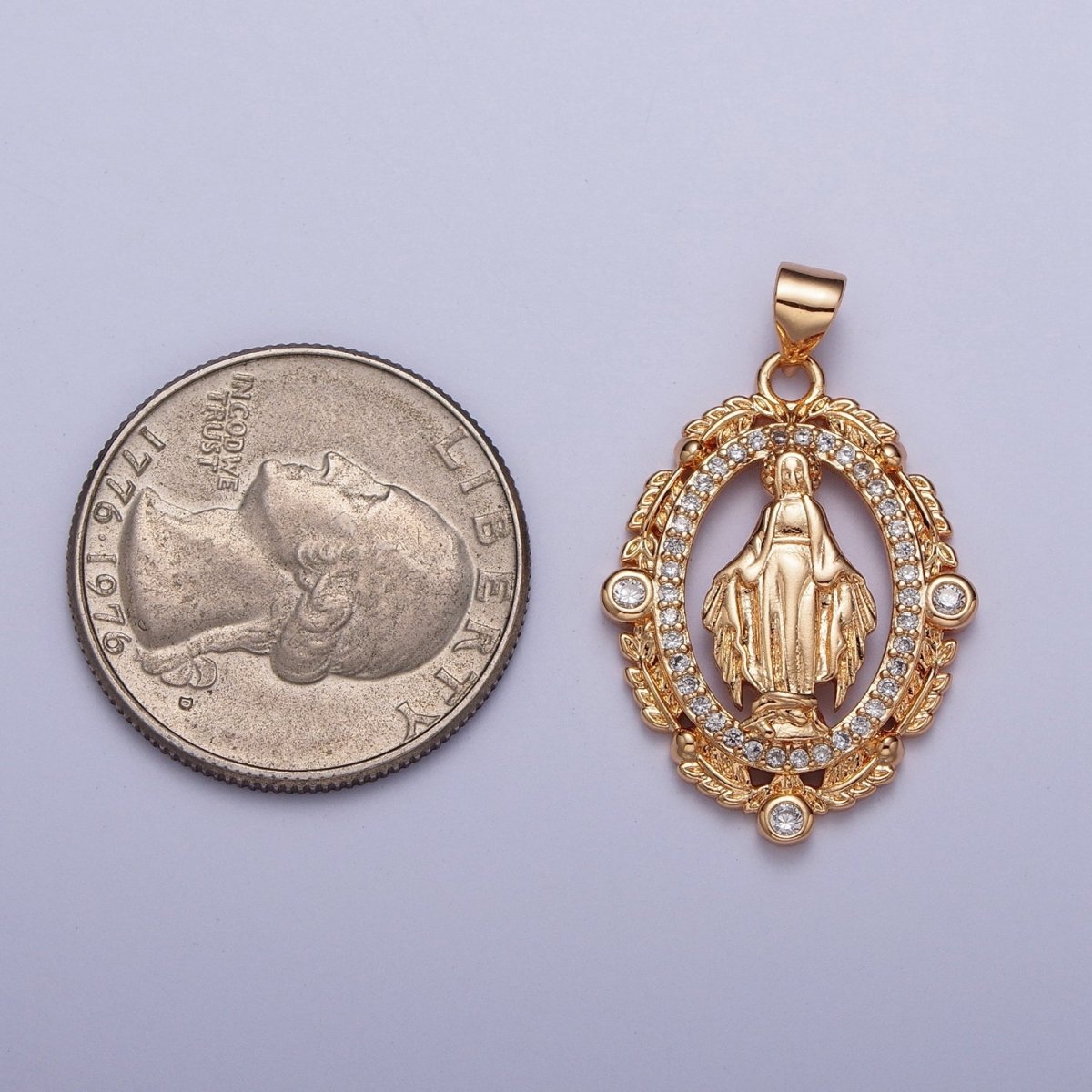 18K Gold Micro Paved CZ Wreath Mother Virgin Mary Pendant For Religious Jewelry Making H-315