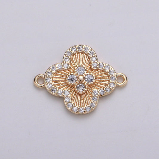 18K Gold Plated CZ paved Connectors, Floral Charm Cubic Micro paved, Petal Jewelry Craft Supply, Spring, Jasmine, Shamrock Nature Lover Gift F-780
