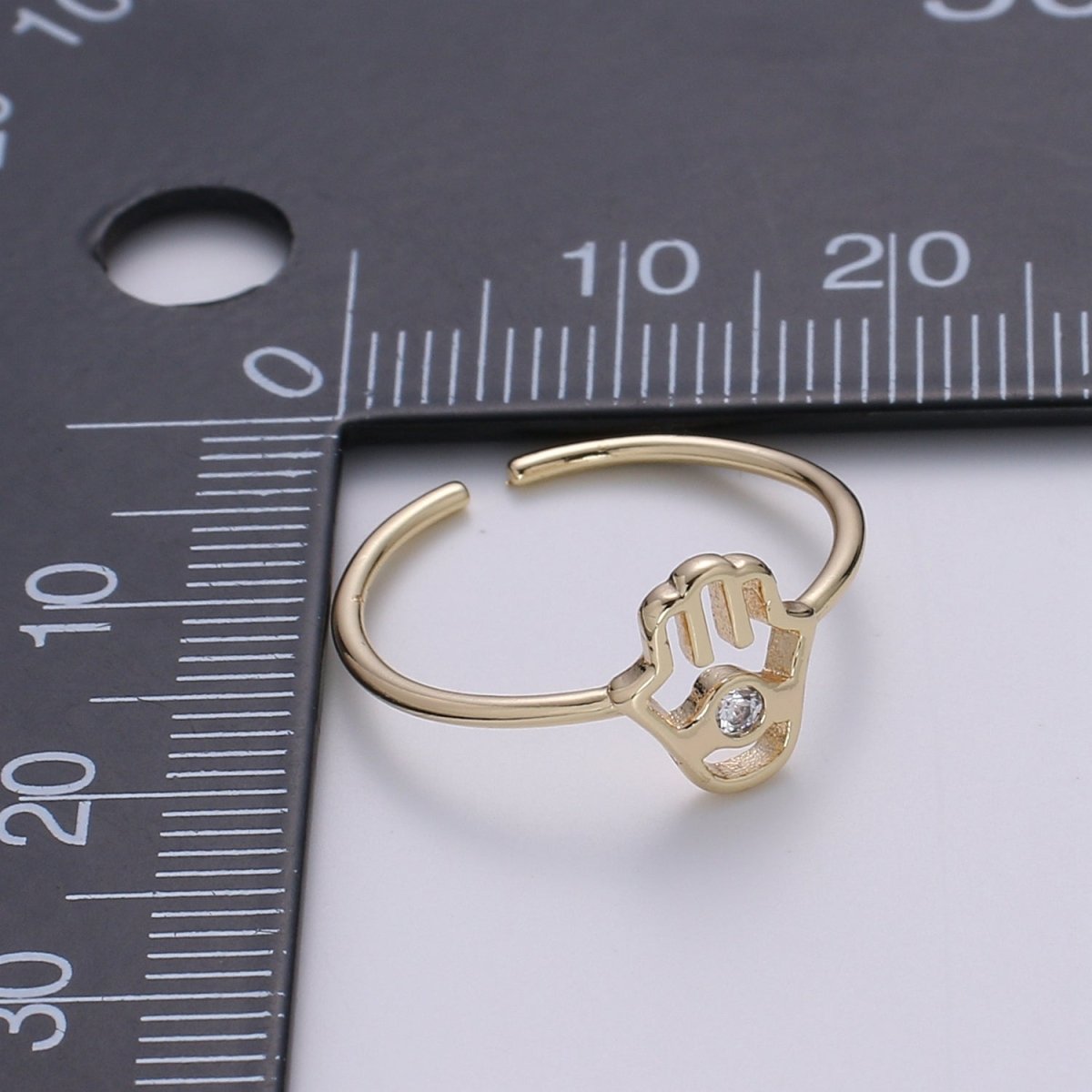 18K Gold Plated Hamsa Hand Ring, Gold Open Adjustable Ring Minimalist Jewelry Everyday Wear O-337