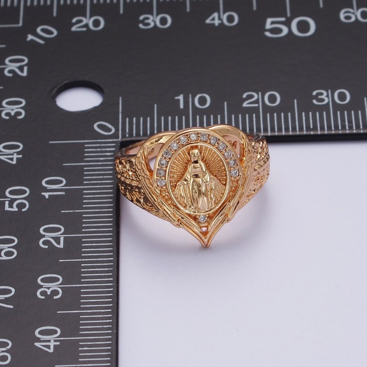 18K Gold Round Micro Paved CZ Lady Guadalupe Engraved Band Heart Ring | O-1992