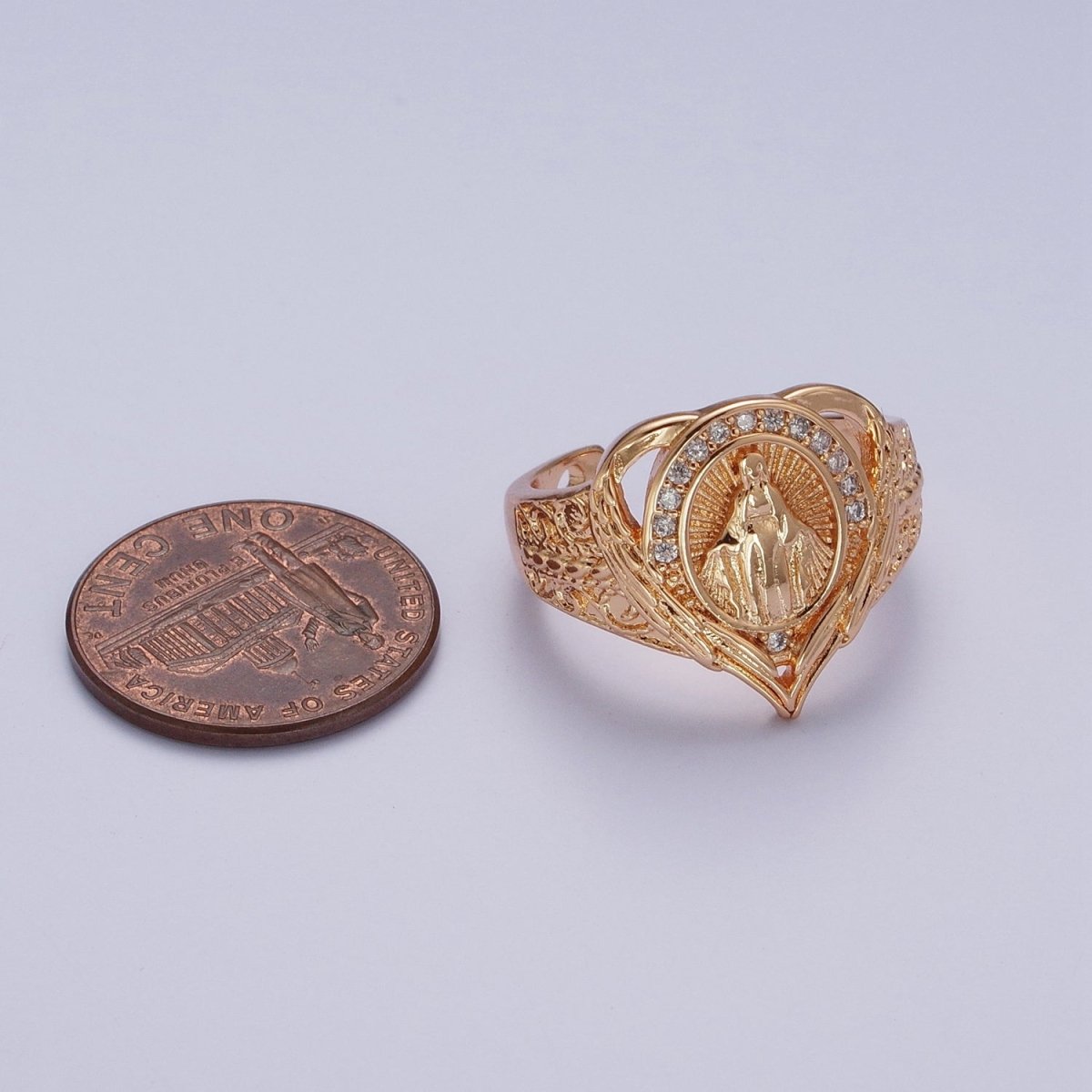 18K Gold Round Micro Paved CZ Lady Guadalupe Engraved Band Heart Ring | O-1992