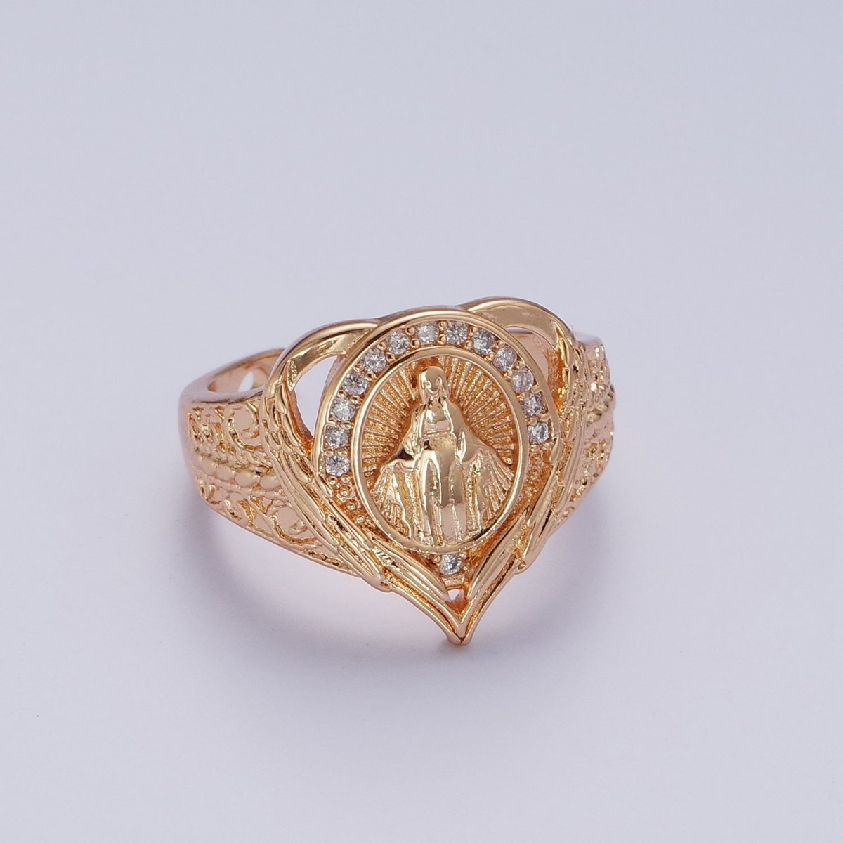 18K Gold Round Micro Paved CZ Lady Guadalupe Engraved Band Heart Ring | O-1992