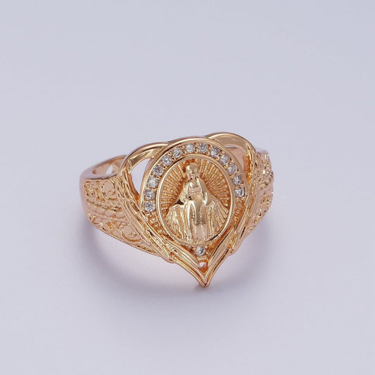18K Gold Round Micro Paved CZ Lady Guadalupe Engraved Band Heart Ring | O-1992