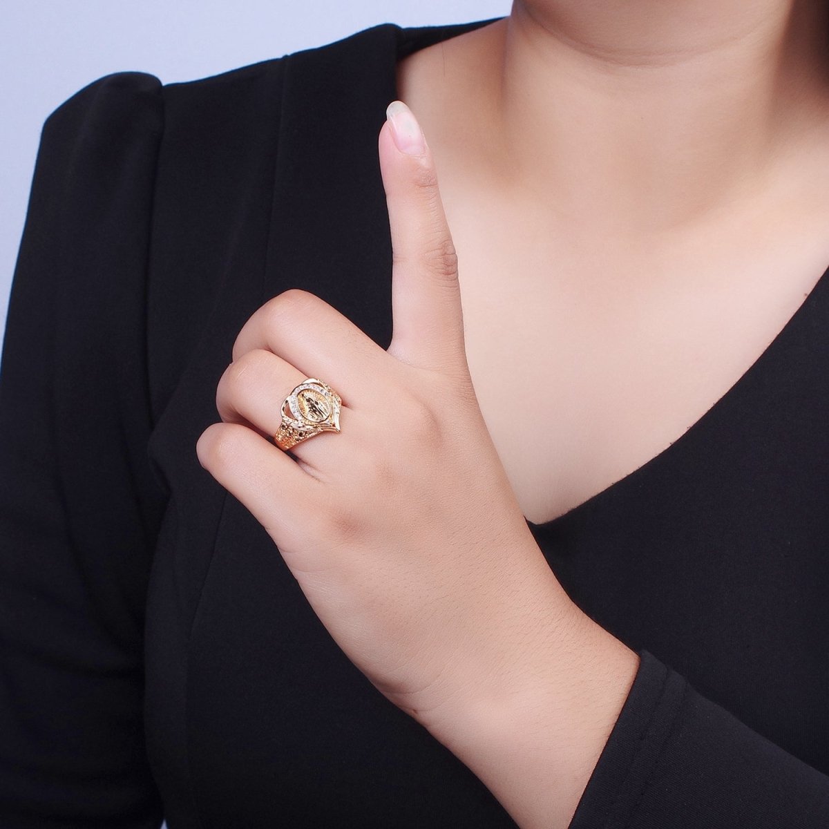 18K Gold Round Micro Paved CZ Lady Guadalupe Engraved Band Heart Ring | O-1992