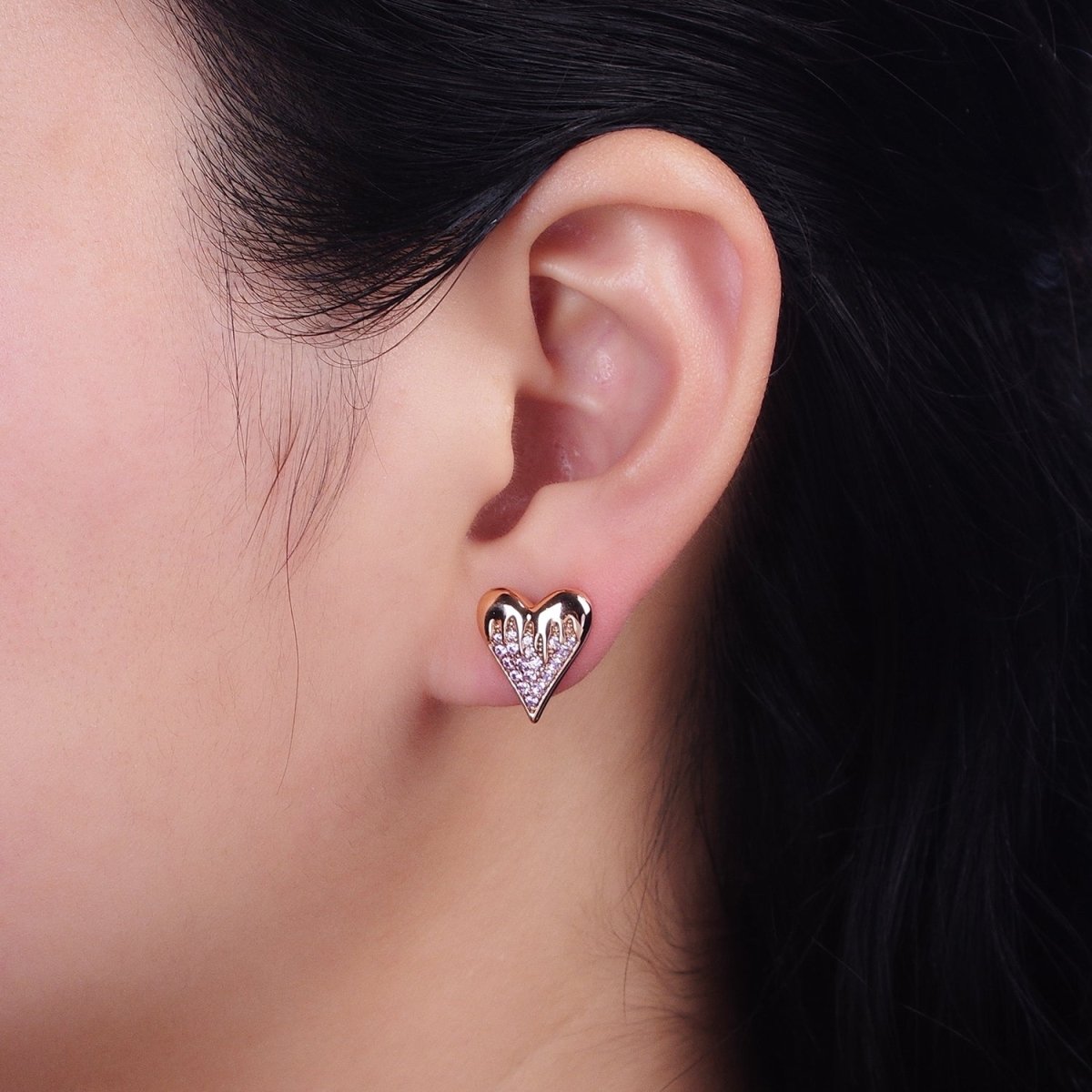 18K Heart Micro Paved CZ Molten Drip Stud Earrings | AB1409