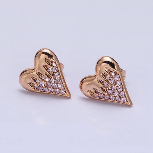 18K Heart Micro Paved CZ Molten Drip Stud Earrings | AB1409