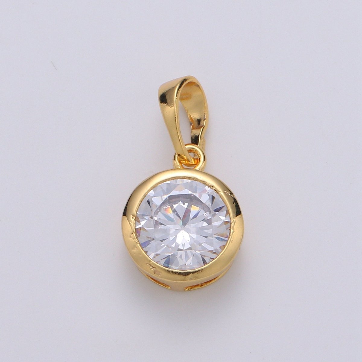 18X10mm Solitaire Pendant 24k Gold Filled Round Cut Pendant for necklace April Birthstone, Clear Cubic Zirconia Round Charm J-075