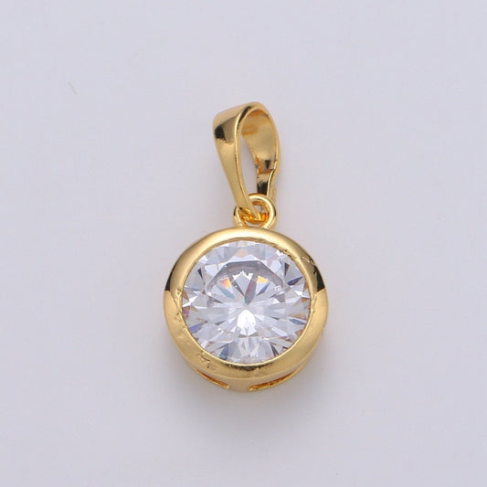 18X10mm Solitaire Pendant 24k Gold Filled Round Cut Pendant for necklace April Birthstone, Clear Cubic Zirconia Round Charm J-075