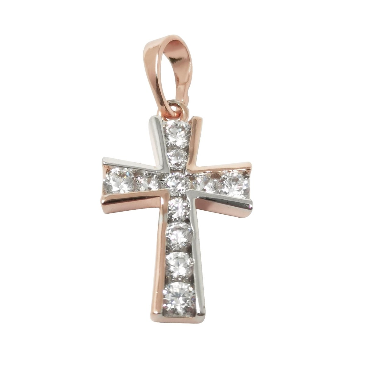 18x13mm Wholesale Two Tones 18K Gold Plated Rose Gold and Silver Cross Pendant with Cubic Zirconia Crystal Rhinestones, Christian Pendant for Necklace Bracelet Anklet Making J-182