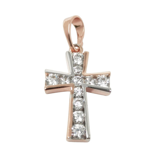 18x13mm Wholesale Two Tones 18K Gold Plated Rose Gold and Silver Cross Pendant with Cubic Zirconia Crystal Rhinestones, Christian Pendant for Necklace Bracelet Anklet Making J-182