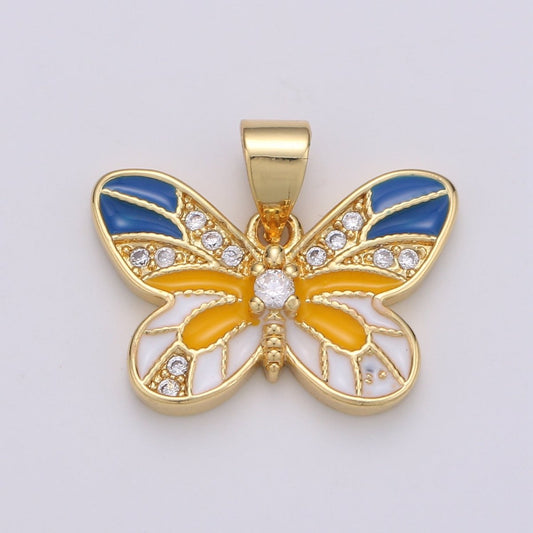 18x15mm Wholesale Gold Plated Blue and Orange Butterfly Pendant with Rhinestones, Pendant for Necklace Bracelet Anklet Making J-208
