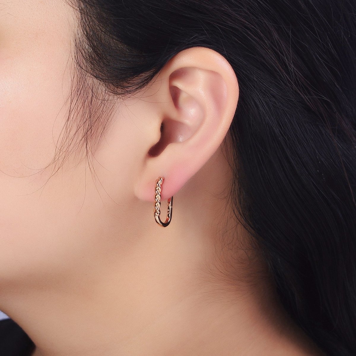 19mm Braided Twist Rope U-Shaped Oblong Rosey Gold Hoop Earrings | AB303