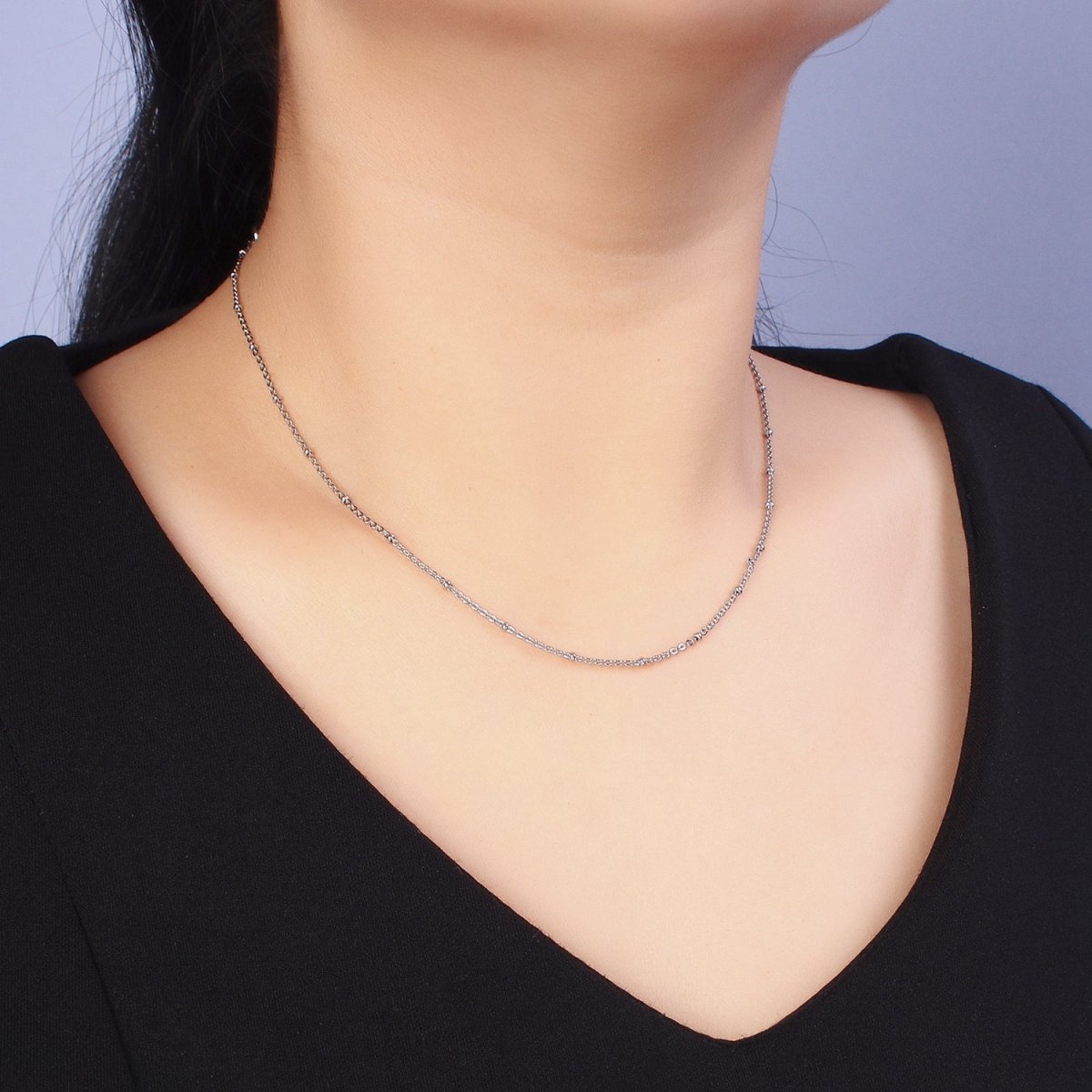1mm Beaded Satellite Chain Silver Satellite Necklace Dainty Simple Everyday 16.5 Inch Layering Necklace for Minimalist Jewelry | WA-1594 Clearance Pricing