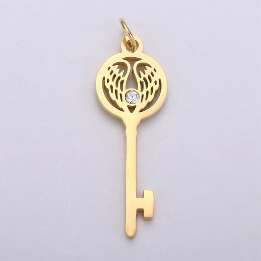 1pc 14k Gold Filled Key Pendant Charm, Dainty Wing Key Pendant Charm, Gold Filled Key Pendant, For DIY Jewelry Making Supply E-695