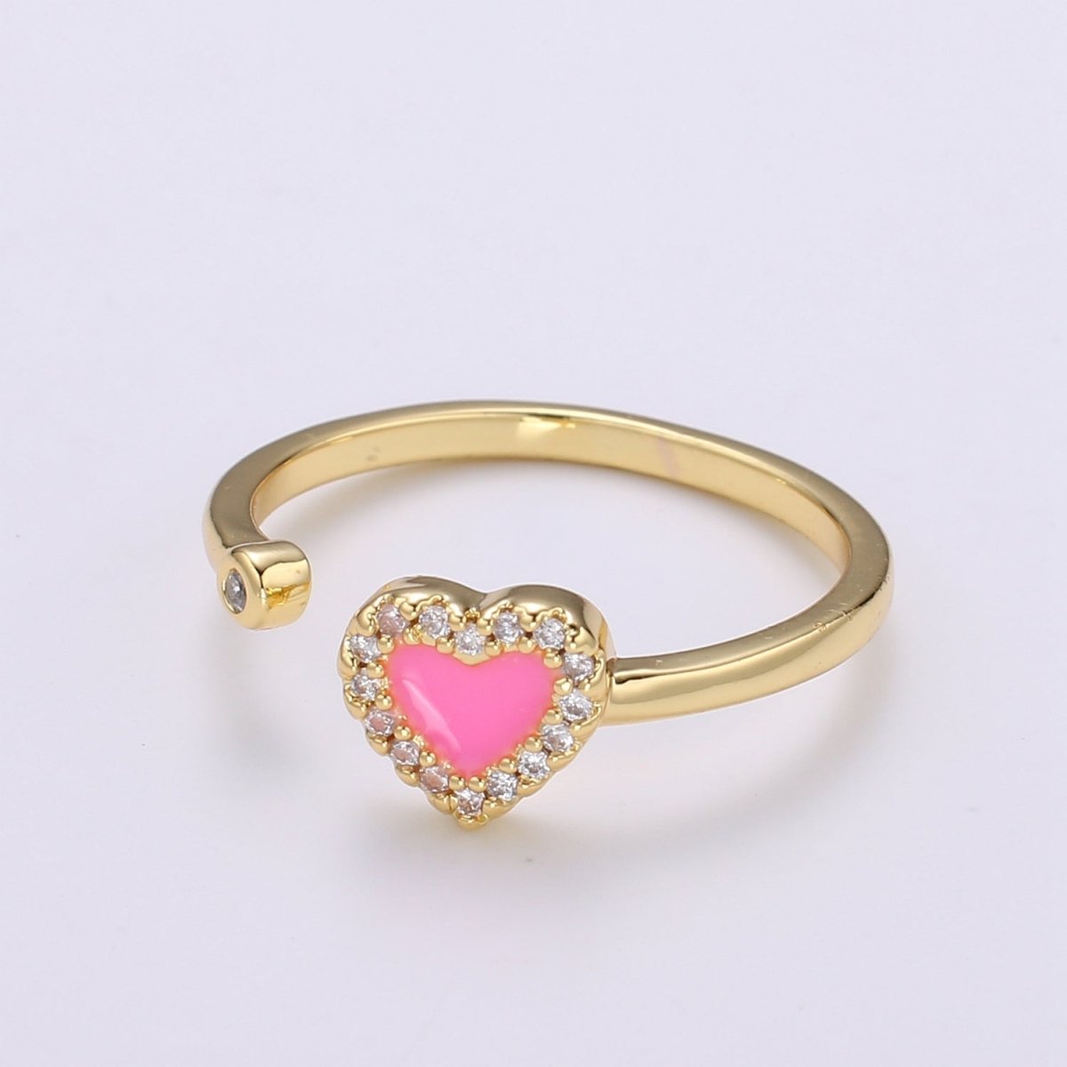 1pc 24K Gold Enamel Cubic Heart Ring, Pink Epoxy Love CZ Pendant Charm, Solitaire Cubic Zirconia Design Band For DIY Jewelry R-317,R-318