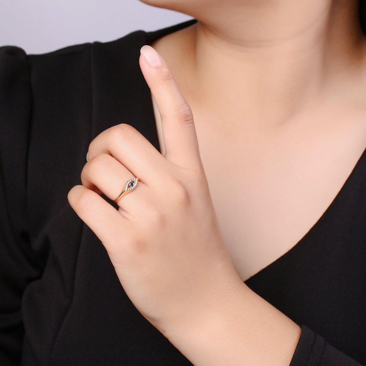1pc Blue Solitaire CZ 14K Gold Ring, Evil Eye Adjustable Gold Open Ring, Simple Ring, Clear Cubic Zirconia Ring- R-491