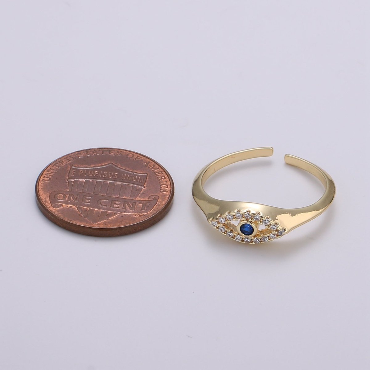1pc Blue Solitaire CZ 14K Gold Ring, Evil Eye Adjustable Gold Open Ring, Simple Ring, Clear Cubic Zirconia Ring- R-491