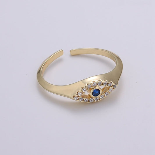 1pc Blue Solitaire CZ 14K Gold Ring, Evil Eye Adjustable Gold Open Ring, Simple Ring, Clear Cubic Zirconia Ring- R-491