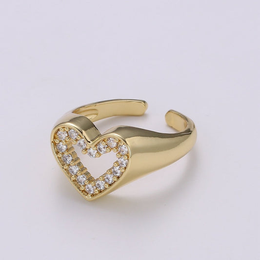 1pc Clear CZ Love 24K Gold Ring, Heart Cubic Adjustable Gold Curb Ring, Signet Ring, Clear Cubic Zirconia Ring,R-461