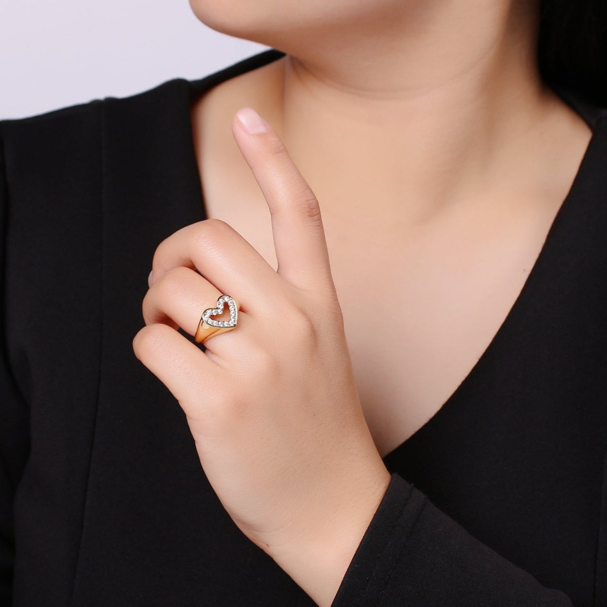 1pc Clear CZ Love 24K Gold Ring, Heart Cubic Adjustable Gold Curb Ring, Signet Ring, Clear Cubic Zirconia Ring,R-461