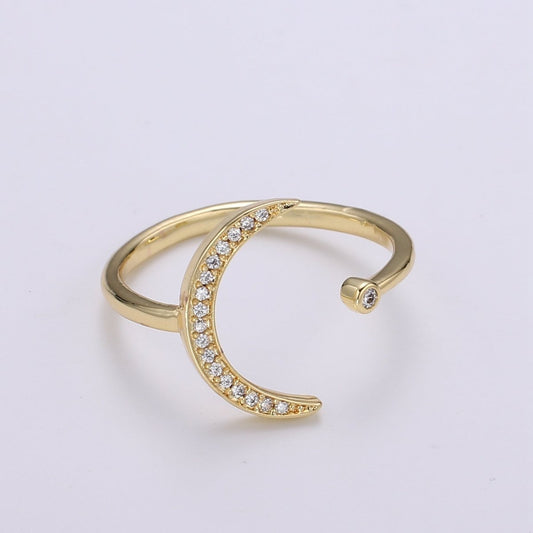 1pc Crescent Moon Star CZ Gold Ring, Moon Cubic Pave Adjustable Gold Curb Ring, Simple Ring, Clear Cubic Zirconia R315