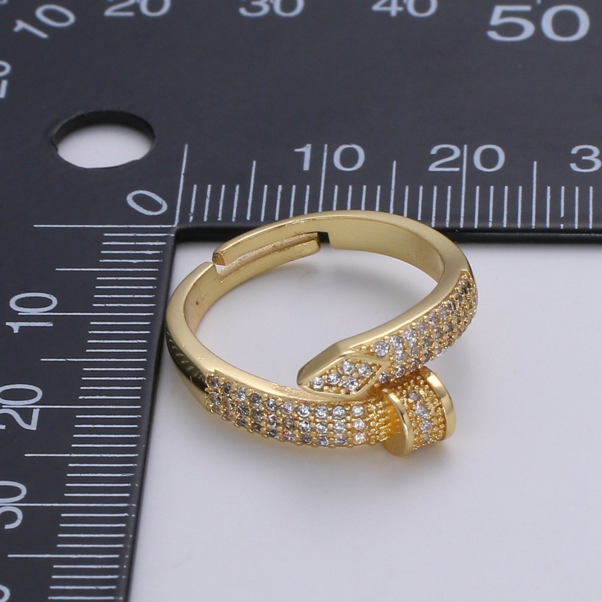 1pc CZ Pave Spiral 24K Ring, Diamond Cut Buckle Cubic Adjustable Gold Curb Ring, Simple Overlap Ring, Clear Cubic Zirconia R537