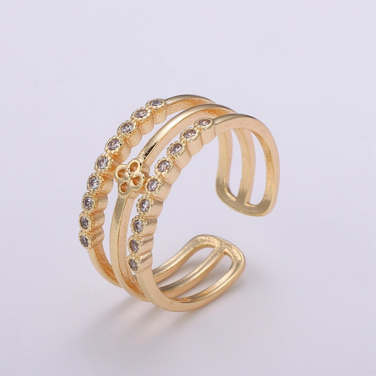 1pc Daisy Pave 18k Gold Ring, Adjustable Gold Curb Ring, Simple double rows of Flower Ring, Bouquet Sun Flower R308