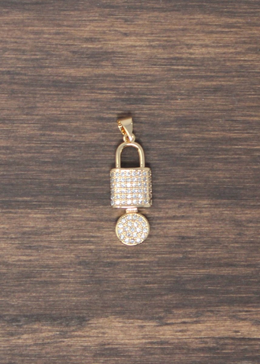 1pc Gold Key and Padlock, Lock, Love Lock, Key to Heart, DIY Cubic Zirconia Necklace Pendant Charm Bead Bails Findings for Jewelry Making, PDGF-956/I-20
