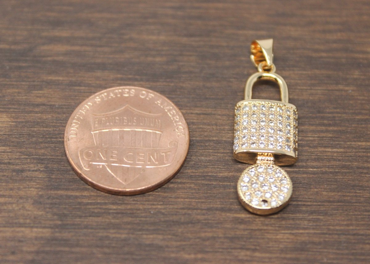 1pc Gold Key and Padlock, Lock, Love Lock, Key to Heart, DIY Cubic Zirconia Necklace Pendant Charm Bead Bails Findings for Jewelry Making, PDGF-956/I-20