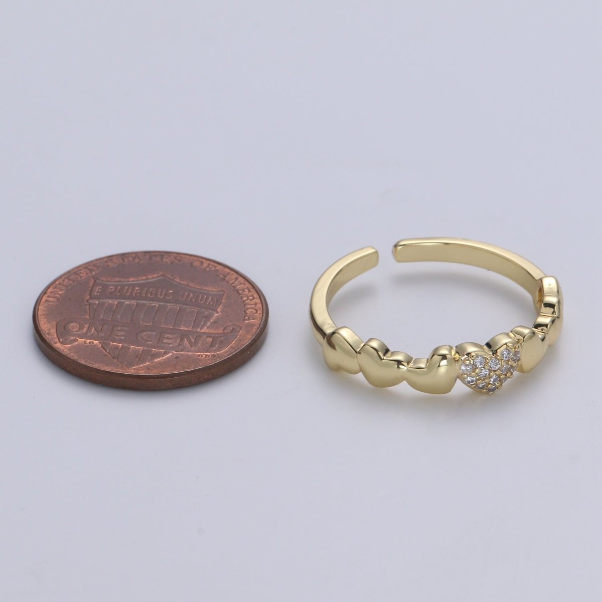 1pc Hearts 14K Gold Ring, Adjustable Gold Curb Ring, Simple CZ Love Ring, Tender Care Cubic Ring R514