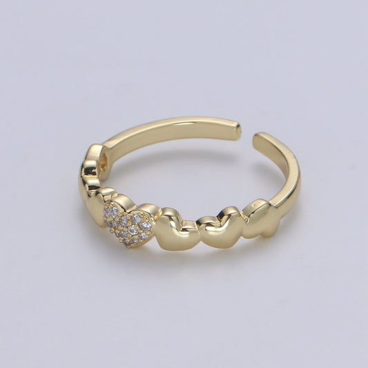 1pc Hearts 14K Gold Ring, Adjustable Gold Curb Ring, Simple CZ Love Ring, Tender Care Cubic Ring R514