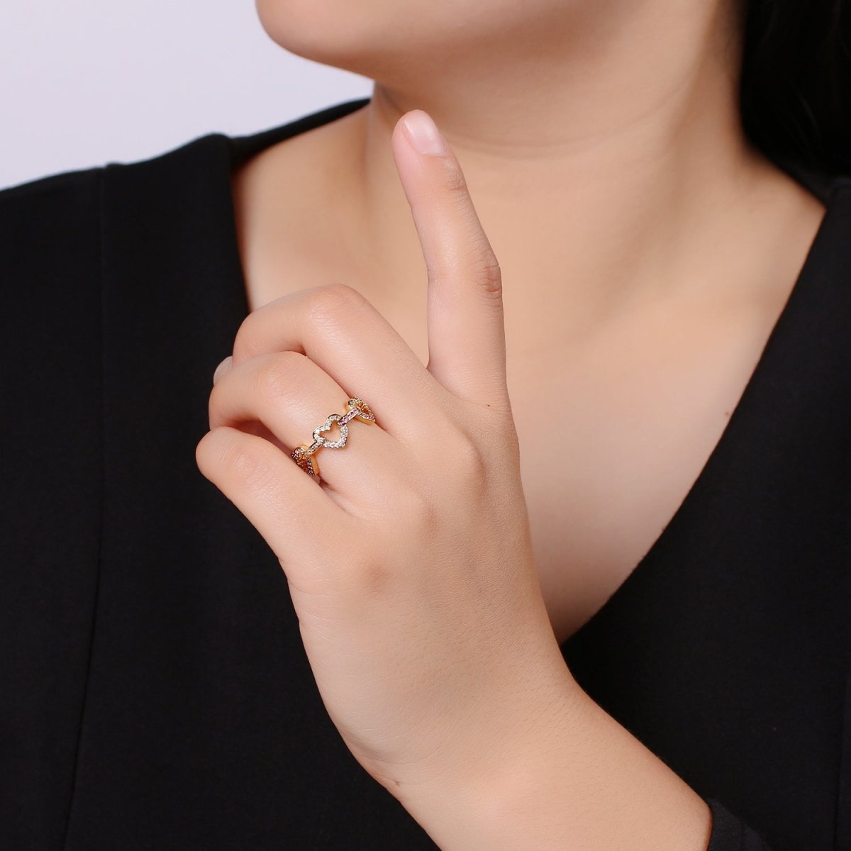 1pc Multi color CZ Love 24K Gold Ring, Heart Cubic Adjustable Gold Curb Ring, Simple Ring, Beautiful Cubic Zirconia Ring,R-463