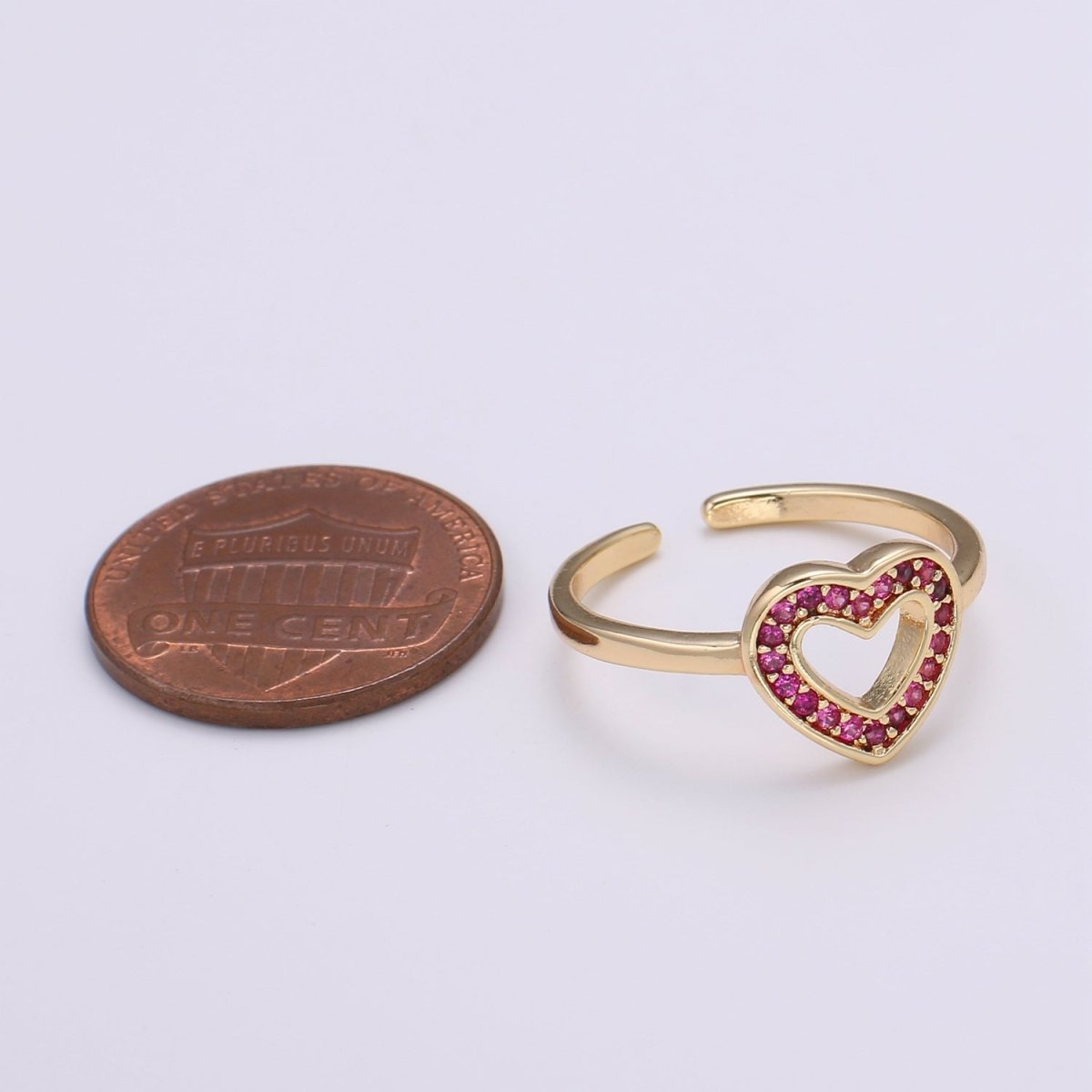 1pc Red Ruby CZ Love 18k Gold Ring, Heart Cubic Adjustable Gold Curb Ring, Simple Ring, Clear Cubic Zirconia R307