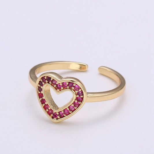 1pc Red Ruby CZ Love 18k Gold Ring, Heart Cubic Adjustable Gold Curb Ring, Simple Ring, Clear Cubic Zirconia R307