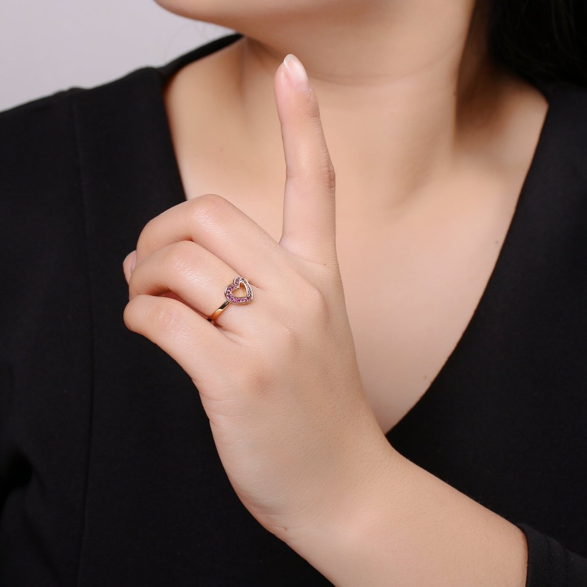 1pc Red Ruby CZ Love 18k Gold Ring, Heart Cubic Adjustable Gold Curb Ring, Simple Ring, Clear Cubic Zirconia R307