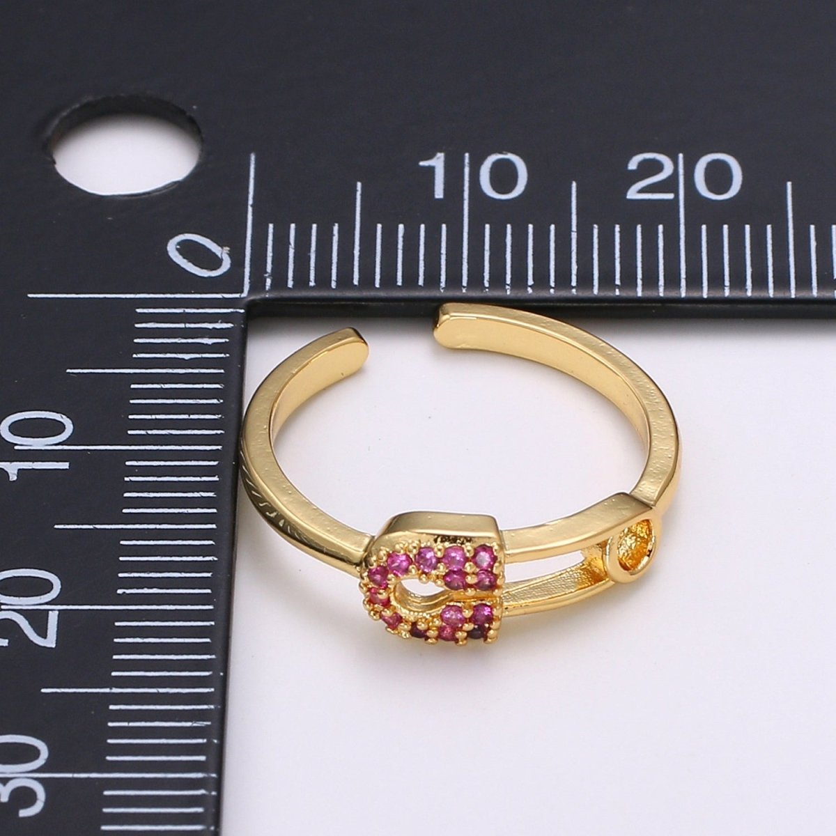 1pc Red Ruby CZ Pin 24k Gold Ring, Safety Pin Cubic Adjustable Gold Curb Ring, Simple Ring, Red Cubic Zirconia R312