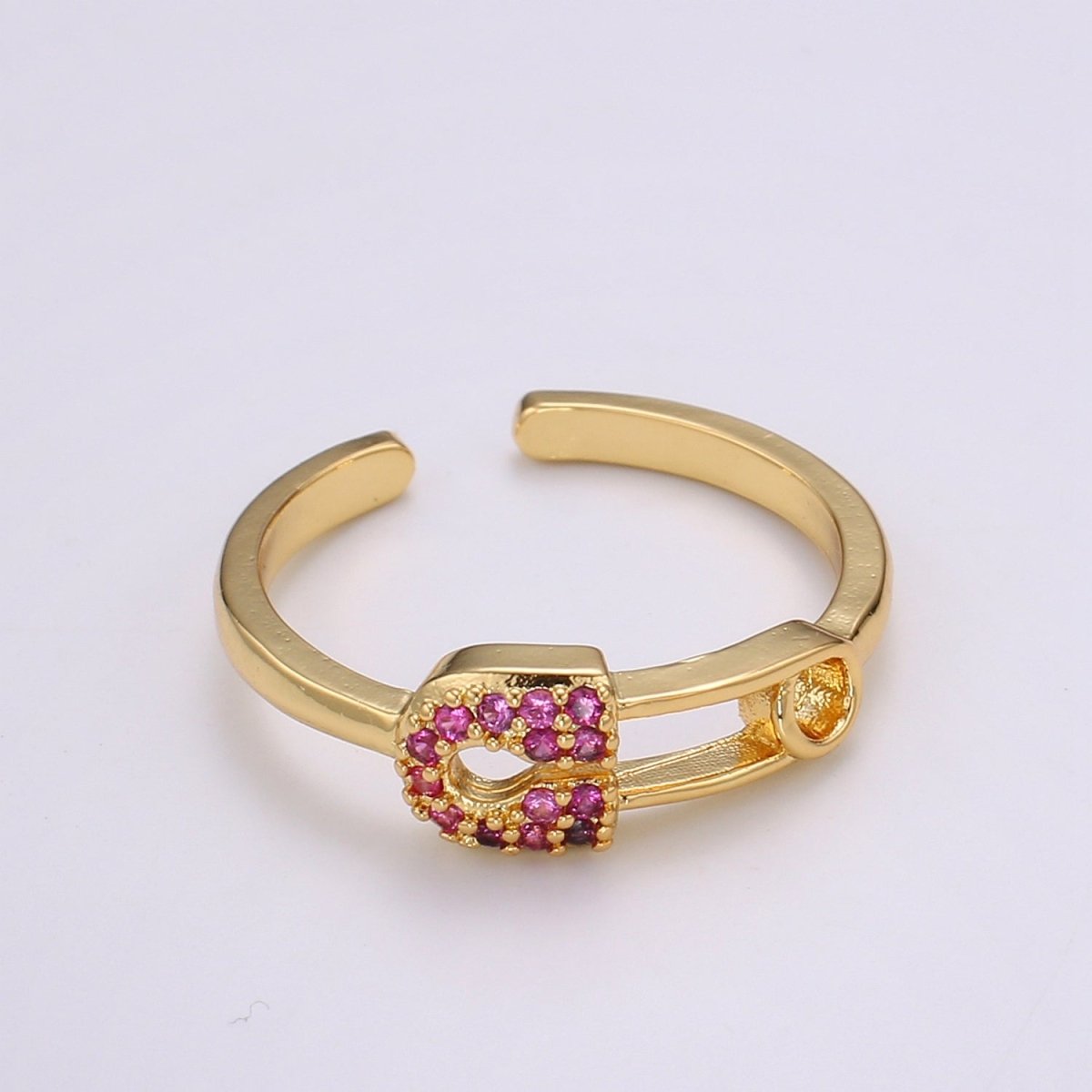1pc Red Ruby CZ Pin 24k Gold Ring, Safety Pin Cubic Adjustable Gold Curb Ring, Simple Ring, Red Cubic Zirconia R312