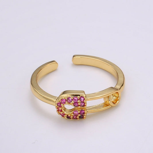 1pc Red Ruby CZ Pin 24k Gold Ring, Safety Pin Cubic Adjustable Gold Curb Ring, Simple Ring, Red Cubic Zirconia R312