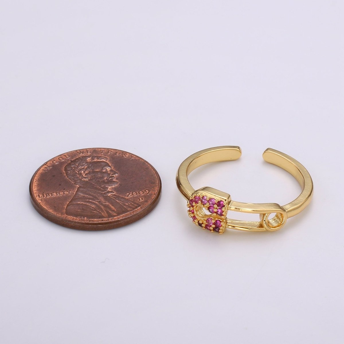 1pc Red Ruby CZ Pin 24k Gold Ring, Safety Pin Cubic Adjustable Gold Curb Ring, Simple Ring, Red Cubic Zirconia R312