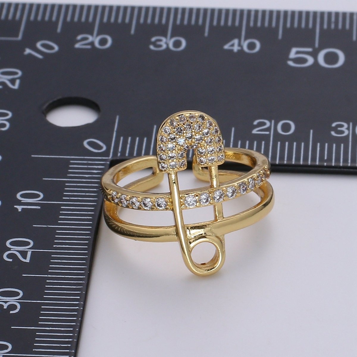 1pc Safety Pin Pave CZ 24K Gold Plated Ring, Cubic Adjustable Gold Curb Ring, Simple Ring, Clear Cubic Zirconia R525
