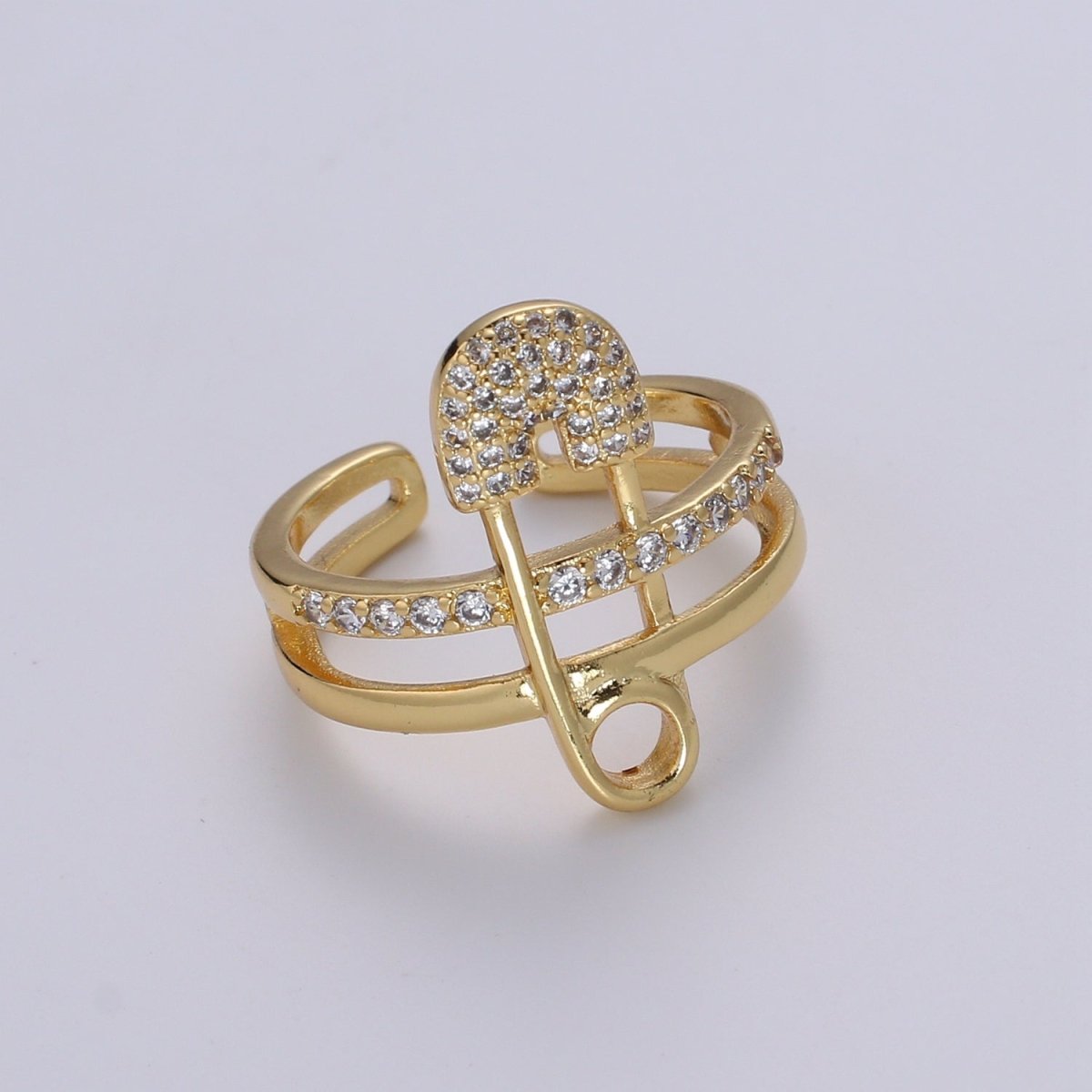 1pc Safety Pin Pave CZ 24K Gold Plated Ring, Cubic Adjustable Gold Curb Ring, Simple Ring, Clear Cubic Zirconia R525