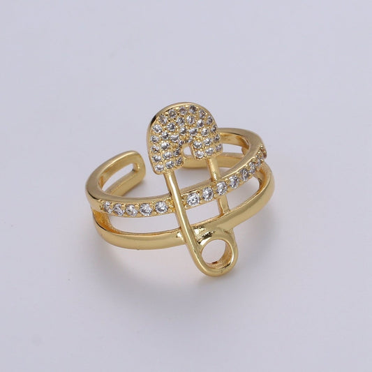 1pc Safety Pin Pave CZ 24K Gold Plated Ring, Cubic Adjustable Gold Curb Ring, Simple Ring, Clear Cubic Zirconia R525