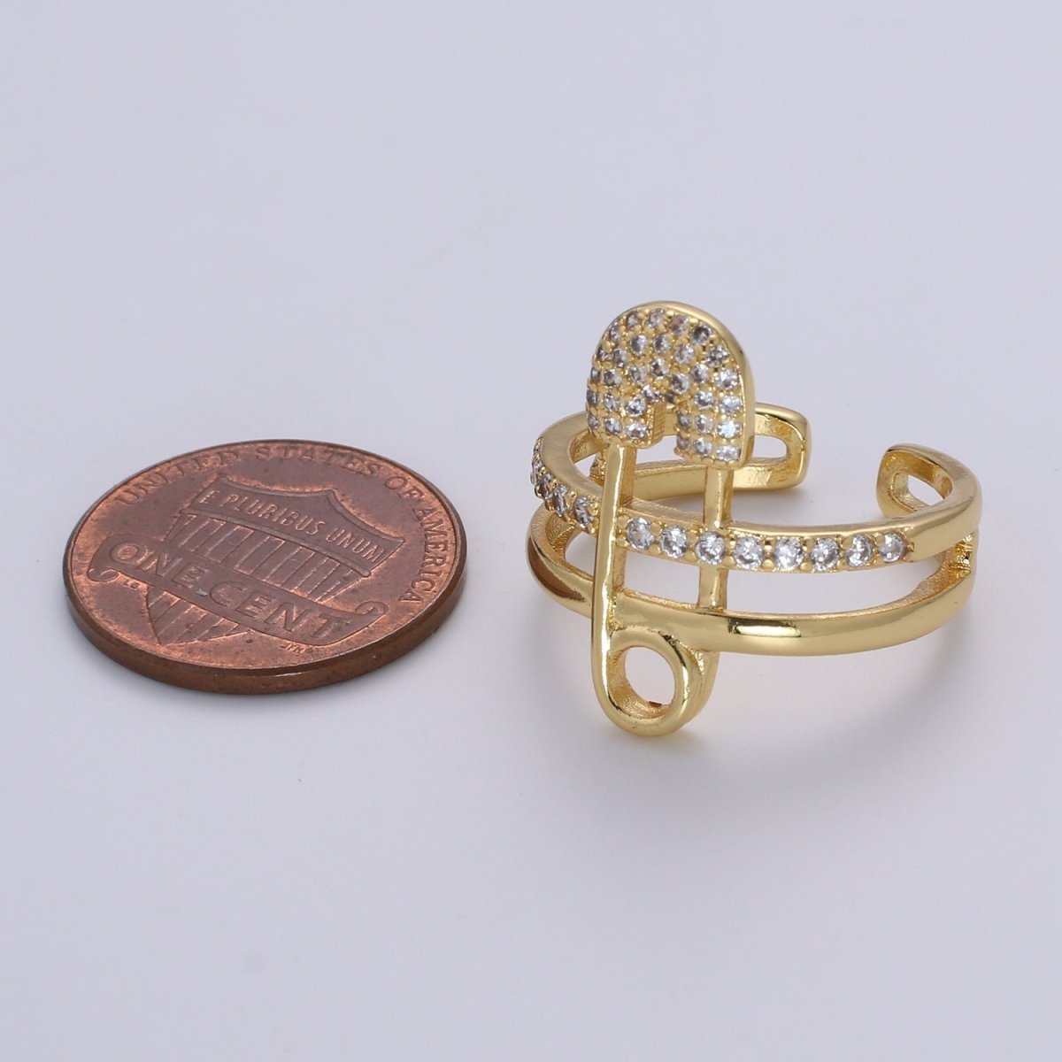 1pc Safety Pin Pave CZ 24K Gold Plated Ring, Cubic Adjustable Gold Curb Ring, Simple Ring, Clear Cubic Zirconia R525