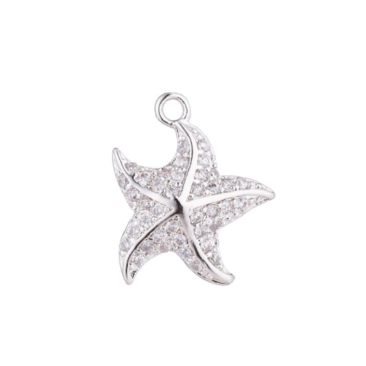 1pc White Gold Filled Dancing with the Star, Starfish, Animal, Cubic Zirconia Bracelet Charm, Necklace Pendant, Findings for Jewelry MakingC-207