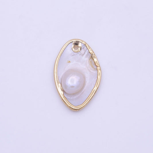 1pc Wholesale Natural Mother of Pearl Charm Abstract Oval Shape Aprox 27.1x17.3mm, Gold Frame Charm P-1843