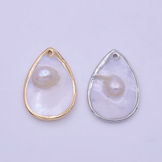 1pc Wholesale Natural Mother of Pearl Charm Abstract Tear Drop Pear Shape Aprox 20x29mm, Gold / Silver Frame Charm P-1839 P-1840