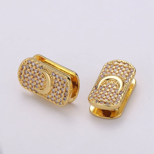 1x 14k Gold Filled Moon Spacer Bead for Bracelet Connector Cubic Zirconia Beads Flat Rectangle Shape Micro pave Spacer Beads