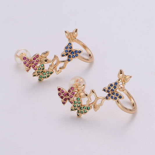 1x Butterfly earrings, Gold butterfly stud earrings, ear climbers, Colorful Rainbow earrings, butterfly ear climbers, vine ear climbers AI-141