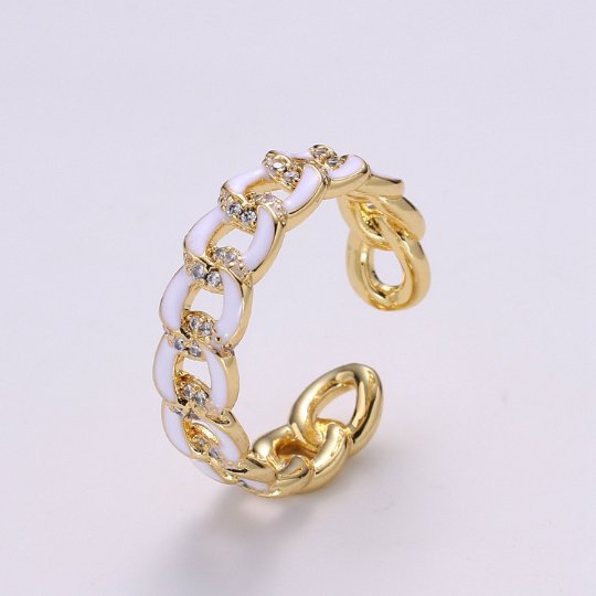1X CZ Colorful Enamel Rings Gold Curb Chain Statement Ring, Chunky Chain Ring, Stackable Open Adjustable Ring Pink White black Green Yellow