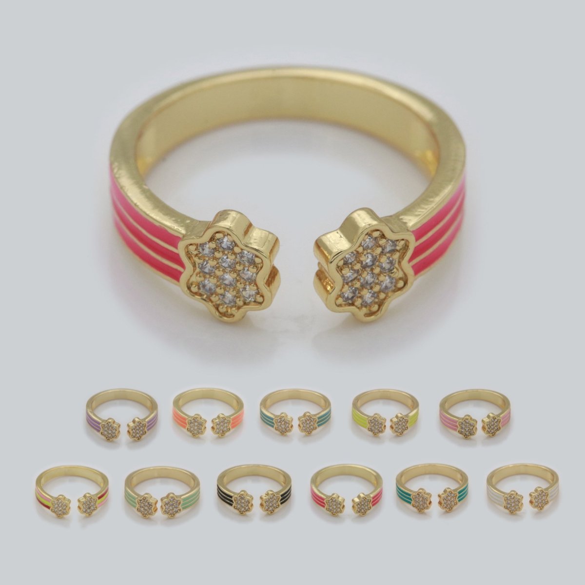 1X CZ Colorful Enamel Rings Gold Rainbow Sky Cloud Statement Ring, Chunky Stackable Open Adjustable Ring Pink White black Green Yellow S-181 ~ S-192